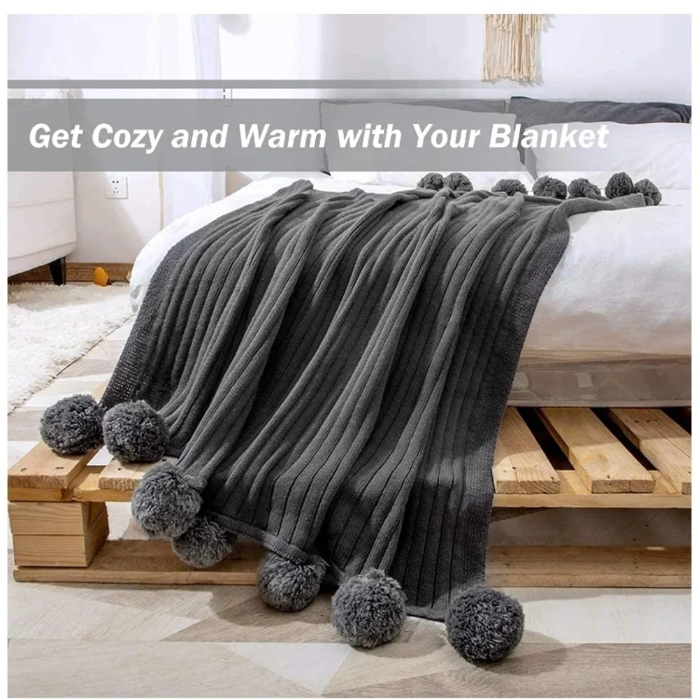 Trendy Dark Grey Pompom Fringe Chic Cozy Soft Throw Blanket/Cover Dorm/Bedroom
